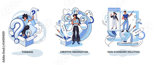 Creative thinking. People with different mental mindset types or model creative. Imaginative logical and structural thinking. MBTI person metaphor. Non standart solution. Brain think people solve idea