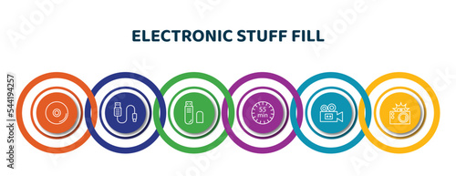 editable thin line icons with infographic template. infographic for electronic stuff fill concept. included compact disc, usb cable, pen drive, minute countdown, old video camera, photo camera with