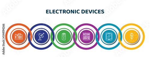 editable thin line icons with infographic template. infographic for electronic devices concept. included photo camera, satellite dish, battery, calculator, tablet, usb icons.