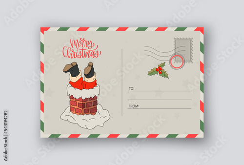 Blank Christmas Postcard in retro cartoon style. Hand drawn illustration, simple template