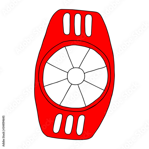 Red hand drawing outline flat vector illustration of one apple cutter isolated on a white background