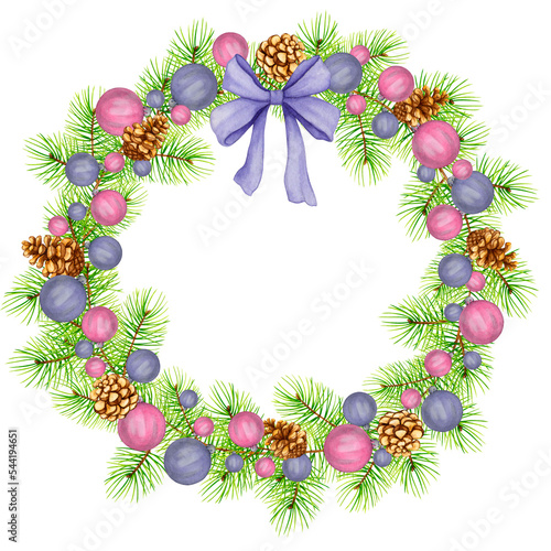 Christmas wreath of pine branches, cones and Christmas balls. Watercolor hand drawn illustration. Ideal for invitations, greeting cards, stationery, posters, packaging, labels, etc. 