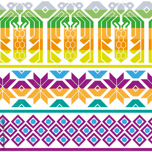 Colorido patrón textil étnico típico de Guatemala, con aves y flores de la cultura Maya. Ideal para imprimir, decorar o usar como fondo de diseño. 
