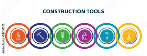 editable thin line icons with infographic template. infographic for construction tools concept. included traffic cone, brick hammer, garage screw, paint brush, paint roller, bolster icons.