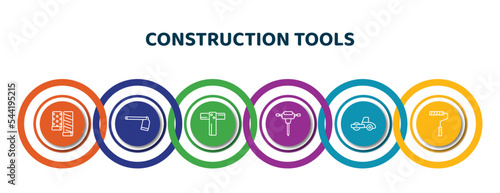 editable thin line icons with infographic template. infographic for construction tools concept. included wallpaper, gardening digger, boning rod, jackhammer, road roller, painter roller icons.