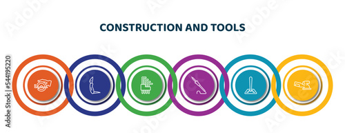 editable thin line icons with infographic template. infographic for construction and tools concept. included chop saw, jackknife, allen keys, iron soldering, soil, sanding hine icons.