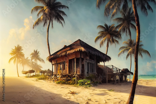 Fotografie, Obraz Sandy beach with palm trees on a sunny sea island