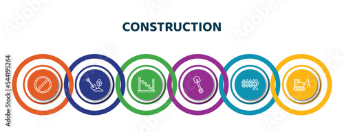 editable thin line icons with infographic template. infographic for construction concept. included stopping, big shovel, stairs with handle, short shovel, garden fence, derrick with tong icons.