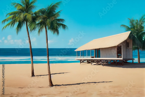 Sandy beach with palm trees on a sunny sea island. Tropical seascape. Palm trees on the beach. Wooden bungalow on the ocean. Paradise island, vacation, beach. © Terablete