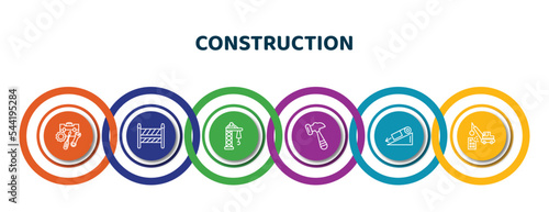 editable thin line icons with infographic template. infographic for construction concept. included tool bag, road barrier, derrick facing right, inclined hammer, inclined, demolition icons.