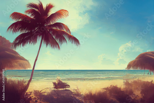 Sandy beach with palm trees on a sunny sea island. Tropical seascape. Palm trees on the beach. Wooden bungalow on the ocean. Paradise island, vacation, beach.