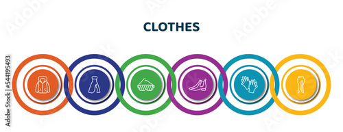 editable thin line icons with infographic template. infographic for clothes concept. included hooded jacket, long bandeau dress, shutter sunglasses, leather chelsea boots, wool gloves, slit skirt