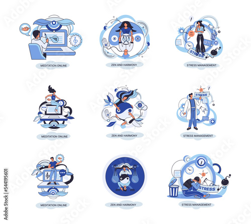 Meditation online. Self-management, self regulation learning, self-organization course, control over emotions metaphor Online yoga at home meditating. Deals with stress management, zen and harmony