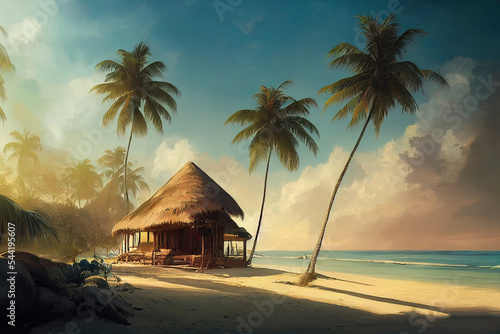 Sandy beach with palm trees on a sunny sea island. Tropical seascape. Palm trees on the beach. Wooden bungalow on the ocean. Paradise island  vacation  beach.