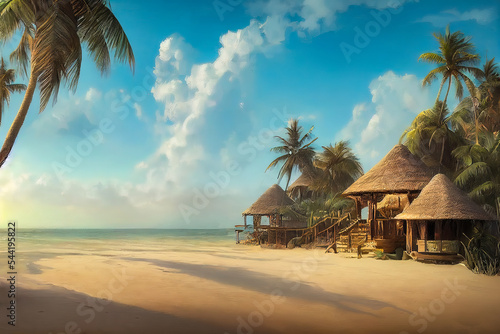 Fototapeta Sandy beach with palm trees on a sunny sea island