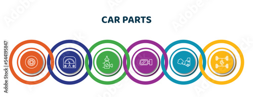 editable thin line icons with infographic template. infographic for car parts concept. included car tyre, car ammeter, choke, wing mirror, exhaust, suspension icons.