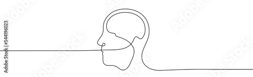 One line illustration of man head with brain. Continuous. Vector illutsration of thinking man.
