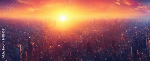 Sunrise over the planet Earth concept with a bright sun and flare and city lights panoramic. AI generated art illustration photo