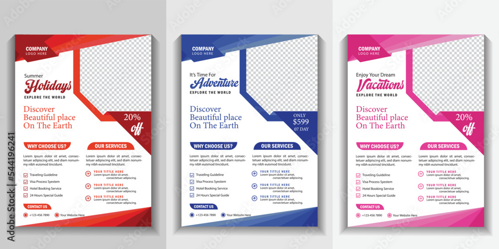 Modern company tours travel flyer design. summer holiday tourism brochure template. flyer design set with a beach view. world adventure template. travel flyer design template.