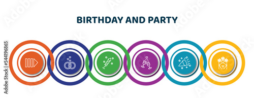 editable thin line icons with infographic template. infographic for birthday and party concept. included queue, wedding, birthday rocket, wedding champagne, party horn, wedding arch icons.