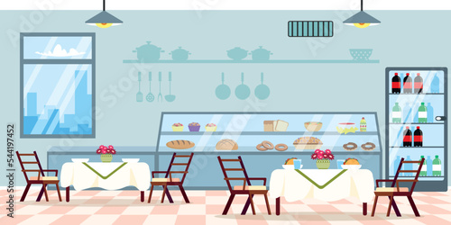 Vector illustration of modern interior bakery cafe. Cartoon interior with counters with bread, buns, muffins, donuts, sandwiches and other dishes, a refrigerator with water, tables and chairs.