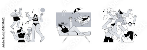 Summer event abstract concept vector illustration set. Beach party, swimming pool dance, foam party entertainment, swimming suits, bikini, dance floor, flamingo inflatable circle abstract metaphor.