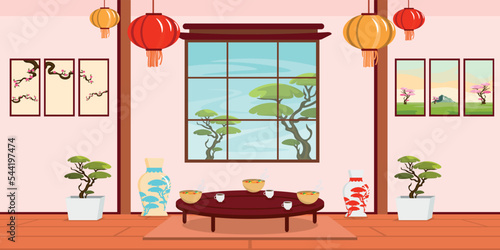 Vector illustration of modern interior Chinese and Japanese rooms. Cartoon interior with Asian table, lamps, vases, flowerpots, paintings, food and tea.