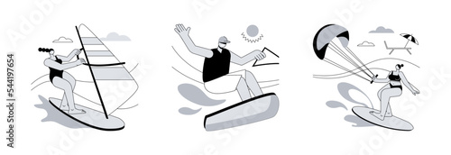 Extreme water fun abstract concept vector illustration set. Windsurfing and wakeboarding, kitesurfing flying adventure, wind speed, ocean wave, beach holiday, boat cable, freestyle abstract metaphor.
