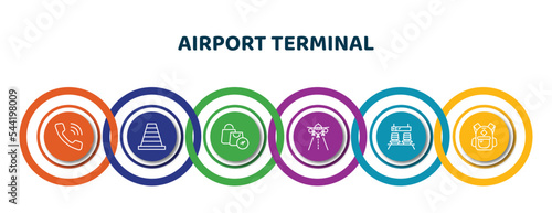 editable thin line icons with infographic template. infographic for airport terminal concept. included telephone, road cone, duty free basket, landing runway, waiting for flight, big backpack icons.