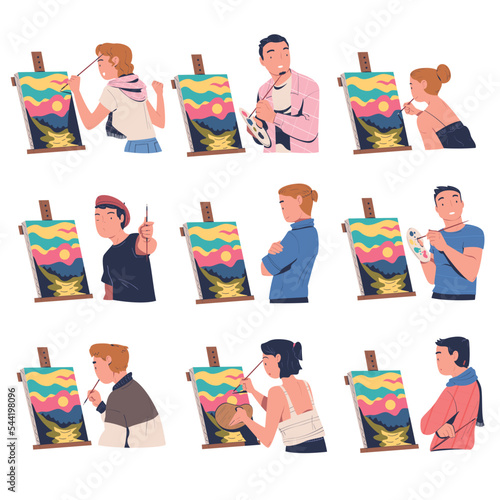 People Characters Drawing Nature Landscape with Easel and Brush on Canvas Vector Set