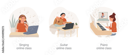 Music virtual camps isolated cartoon vector illustration set. Singing online class, guitar virtual camp, piano remote class, online tutoring, digital education, art summer program vector cartoon.