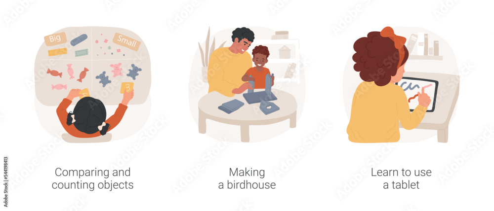 Cognitive skills development in early education isolated cartoon vector illustration set. Comparing and counting objects, making a birdhouse, learn to use a tablet, thinking skills vector cartoon.