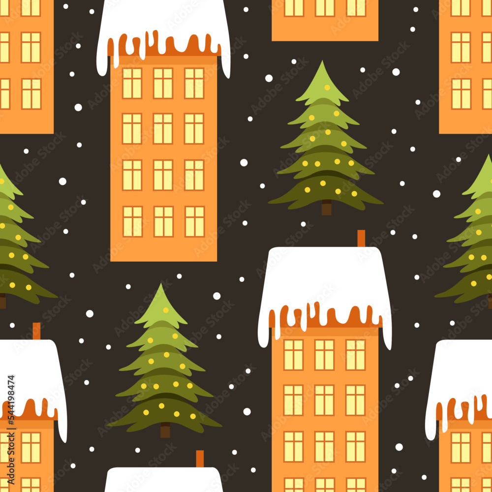 Winter city seamless pattern with Christmas trees