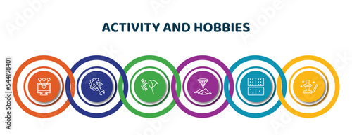 editable thin line icons with infographic template. infographic for activity and hobbies concept. included collecting, repairing, butterfly catcher, gliding parachutist, dominoes, magician icons.
