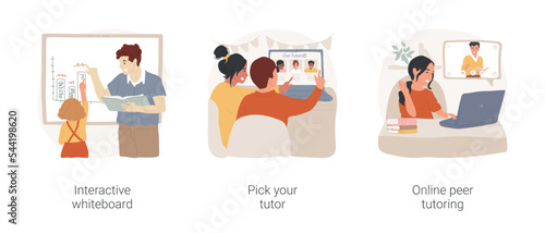 Online tutoring isolated cartoon vector illustration set. Interactive whiteboard, pick your tutor, online peer tutoring, digital whiteboard in virtual classroom, learning resource vector cartoon.