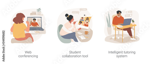 Online tutoring tools isolated cartoon vector illustration set. Web conferencing, student collaboration tool, intelligent tutoring system software, video call live, student chats vector cartoon.