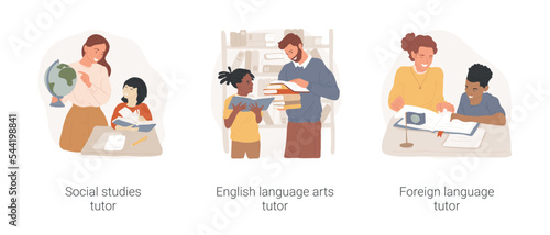 Academic tutoring isolated cartoon vector illustration set. Social studies tutor, english language arts and creative writing, foreign languages education, private lesson vector cartoon.