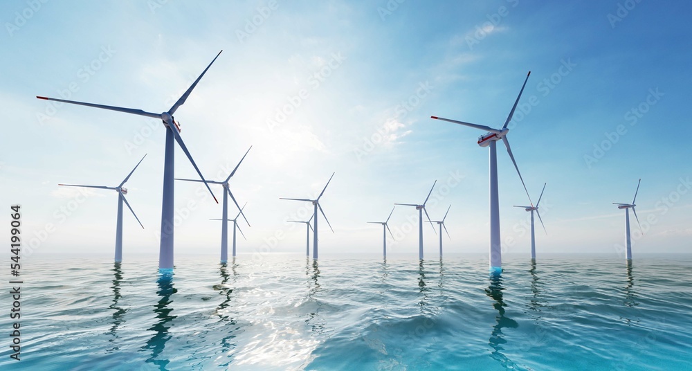 8K ULTRA HD. Offshore wind turbines farm on the ocean. Sustainable energy production, clean power. 3D illustration
