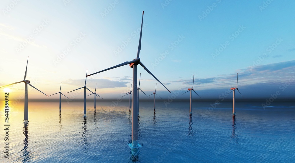 8K ULTRA HD. Offshore wind turbines farm on the ocean. Sustainable energy production, clean power. Close-up wind turbine. 3D illustration
