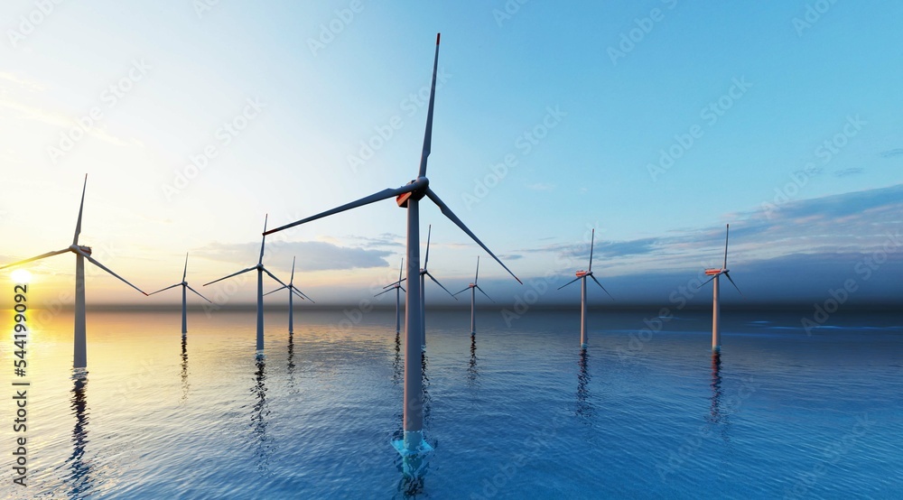 Fototapeta premium Windmill park. Offshore wind turbines farm on the ocean. Sustainable energy production. Green Energy, clean power, clean energy concept. 