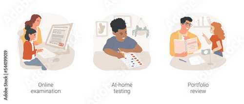 Elementary school student assessment isolated cartoon vector illustration set. Online exam platform, at-home testing, homeschool student, work portfolio collection and review vector cartoon.