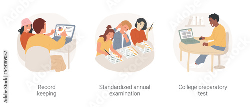 Middle and high school student testing isolated cartoon vector illustration set. Record keeping, standardized annual examination, college preparatory test, timer on computer screen vector cartoon.