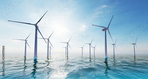 8K ULTRA HD. Offshore wind turbines farm on the ocean. Sustainable energy production, clean power. 3D illustration 