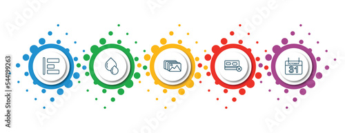 editable thin line icons with infographic template. infographic for user interface concept. included object alignment, big and small drops, photo album, credit card crossed, octuber 31 icons.