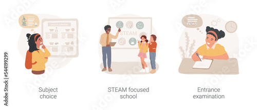 Public magnet school isolated cartoon vector illustration set. Subject choice, STEAM focused school, entrance examination, flexible curriculum, science and art curriculum vector cartoon.
