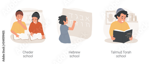 Jewish religious education isolated cartoon vector illustration set. Traditional Cheder elementary school, kid writing Hebrew letters, Talmud Torah texts, Judaism school program vector cartoon.