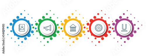 editable thin line icons with infographic template. infographic for user interface concept. included contact notebook, amplified speaker, hall, wheels, underline icons.