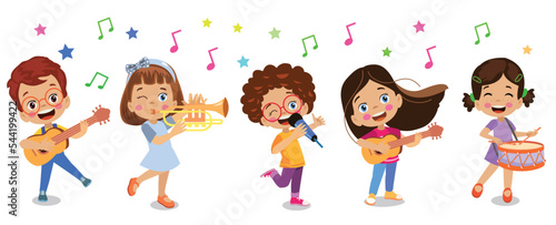 happy children playing instruments and singing