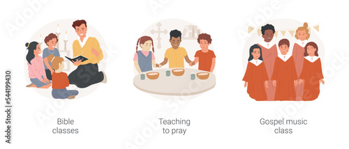 Christian catholic school isolated cartoon vector illustration set. Bible classes, teaching to pray, gospel music lesson, religious education, Sunday school, Bible spiritual story vector cartoon.