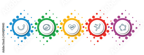 editable thin line icons with infographic template. infographic for user interface concept. included curved up arrow, scribble right arrow, ecologic heart, air outlet, spinning arrows icons.